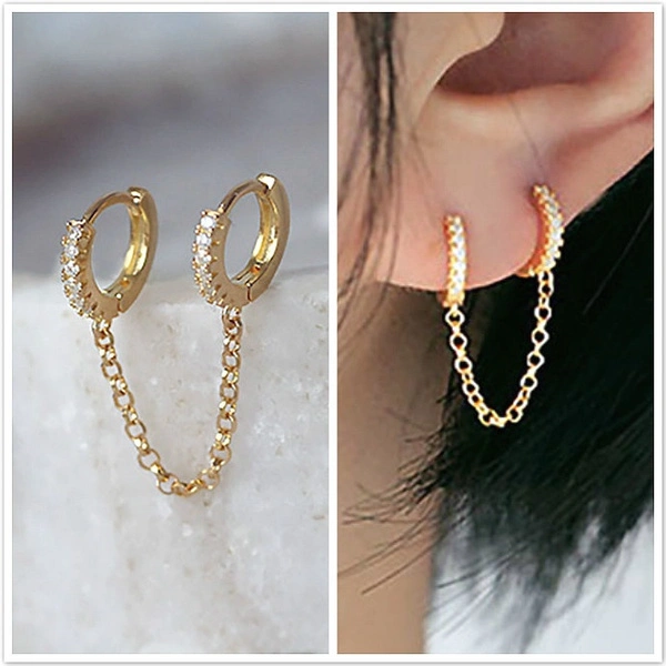 Women's Earrings Delicate Double Pierced Earrings Zircon Double Link Chain Earrings