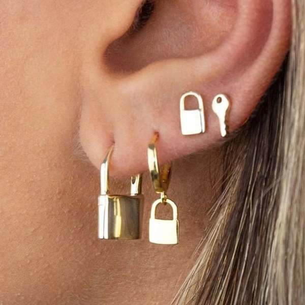 Vintage Alloy Keys Lock Drop Earring Stud Earring Set for Women Jewelry