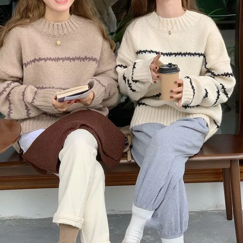 Women Warm Thick Stiped Sweater Pullover Autumn Winter Long Sleeve Loose Lazy Half Turtleneck Outwear Female Casual Knitted Tops