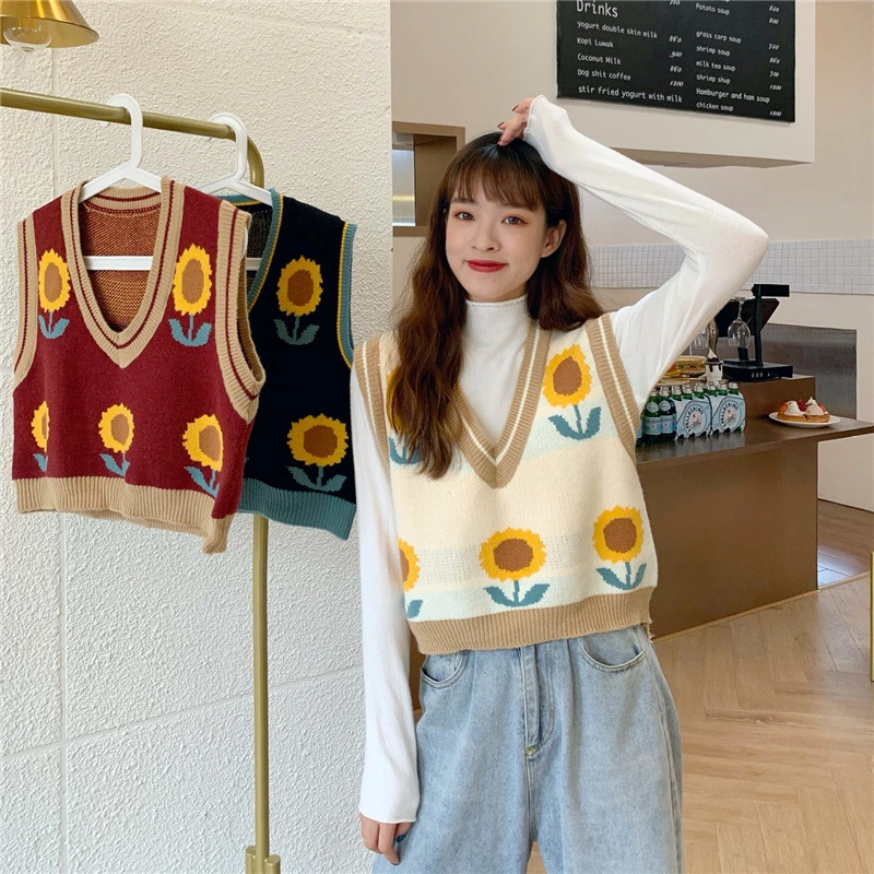 Autumn Sleeveless Tank Tops Women V-Neck Casual Sweater Vests Female Sun Flower Printed Knitted Top For Woman Outwear Sweter New