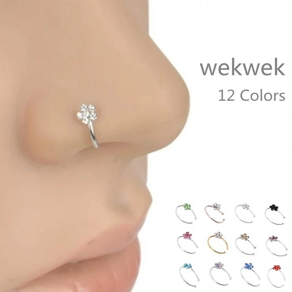 wekwek 12 Colors Small Thin 5 Clear Crystals Flower charm Nose Silver Hoop Stud Ring jewelry