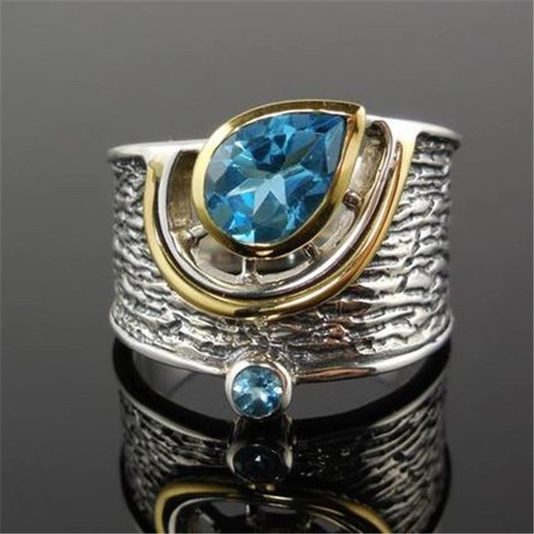 Fashion Boho Two Tone 925 Silver Blue Sapphire Vintage Wide Ring for Women Fine Jewelry Gifts