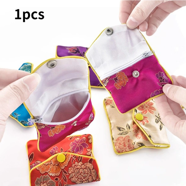 Chinese Brocade Handmade Silk Embroidery Padded Zipper Small Jewelry Gift Storage Pouch Bag Satin Purse