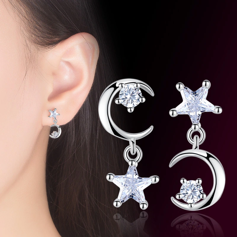 925 Sterling Silver Fashion Crystal Asymmetric Earrings Star and Moon Drop Earrings for Women Brides Bridesmaid Valentine's Day Gifts