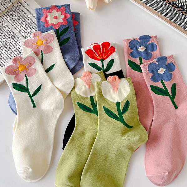 1 Pair Women Socks Cotton Flower Candy Color Mid Tube Socks Cute Breathable Casual Short Socks for Women