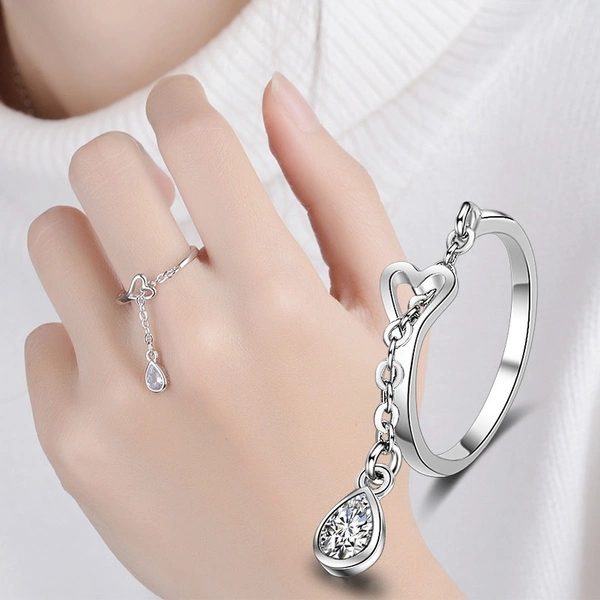 Ultra charming silver small droplet ring women shining crystal ring size adjustable ring