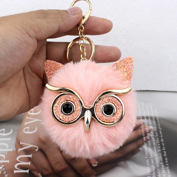 Lovel Owl Pendant Keychains for Girls Boy Fluffy Fur Ball Pompon Key Chain Charm Women Bag Key Ring Women Gift