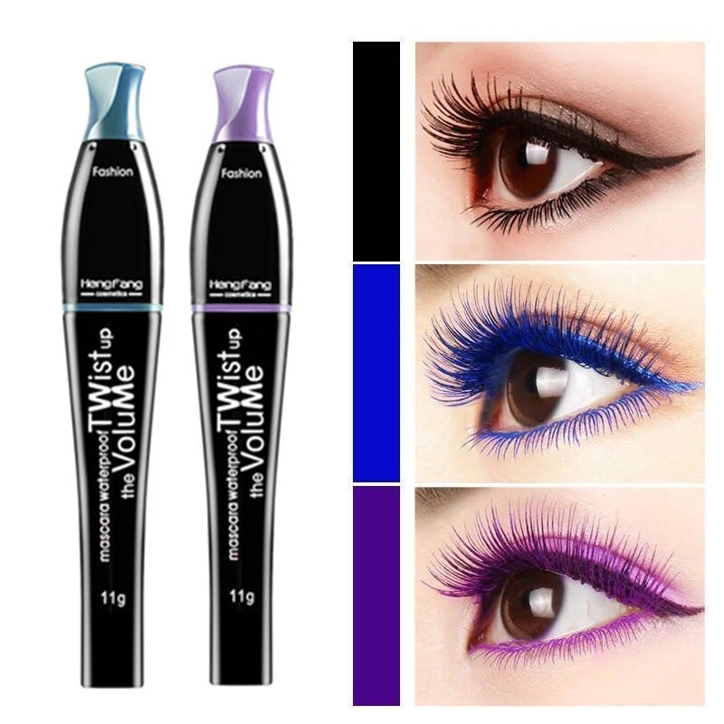 Coloured mascara is long, curly and does not blend easily