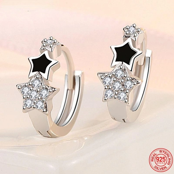 Valentine's Day Gift for Lover 925 Sterling Silver Diamond Star Hoop Earrings Women Daily Casual Fashion Accessories