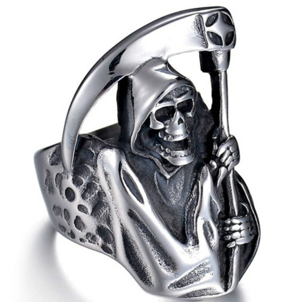 Vintage Gothic Punk Grim Reaper Skull Ring Stainless Steel Reaper's Scythe Ring Jewelry for Men