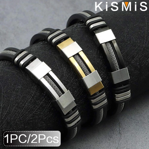 KISMIS Men's Adjustable Bracelet Silicone Wrap Bracelet Stainless Steel Cuff Bracelet