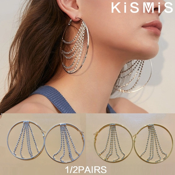 1Pairs Women's Earrings Rhinestone Chain European and American Large Earrings Stud Earrings Women's Hoop Earrings Stonego Jewelry