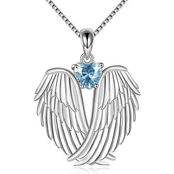 Creative Design 925 Sterling Silver Heart Aquamarine Angel Wings Necklace for Women Statement Fashion Accessories