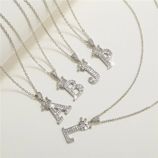 New Silver Gold Letter Necklace Crown Initials Pendant Necklace Men's and Women's Capital Letters Gold-Plated Zircon Alloy Chain Jewelry Necklace