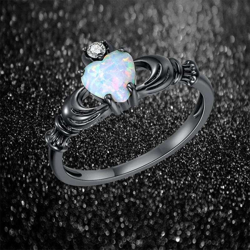 Irish Heart Shaped White CZ Claddagh silver Black Gold Ring Sizes 6 7 8 9 10