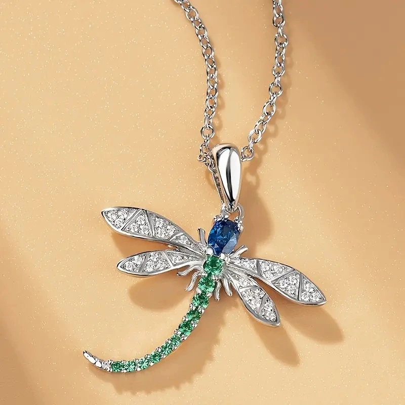 Exquisite Jewelry Colorful Dragonfly Pendant Necklace for Women Paved Dazzling CZ Stone Cute Girls Anniversary Valentine's Day Party Jewelry Necklace