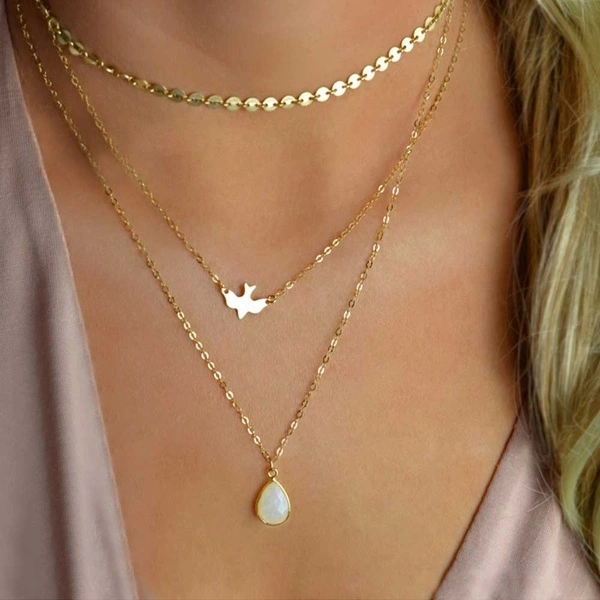 Peace Dove Soar Flying 3 Layers Crystal Sequins Chain Pigeon Bird Water Drop Pendant Multilayer Necklace Female