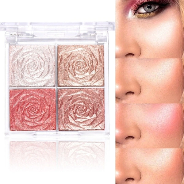 1 Pcs Rose Diamond Highlighter Powder Palette 4 Colors Glitter Face Contour Brighten Makeup Shimmer Illuminate High Light Cosmetic