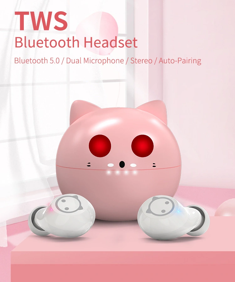 Wireless Earbuds,True Wireless Stereo Bluetooth Headphones With Dual Microphone, Kids Cartoon Pink Cat Charging Case Sweat-Proof Bluetooth 5.0 Headset In-Ear Noise Reduction Sports Earphones