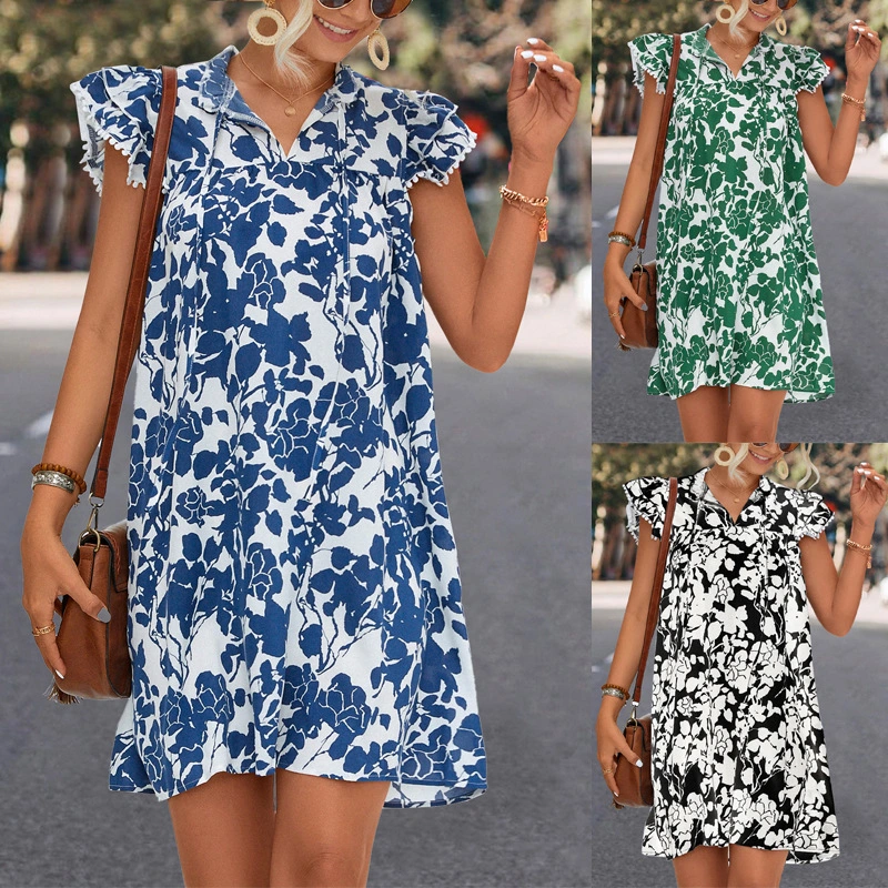 Women's V-neck Lace Up Ruffle Sleeve Printed Dress