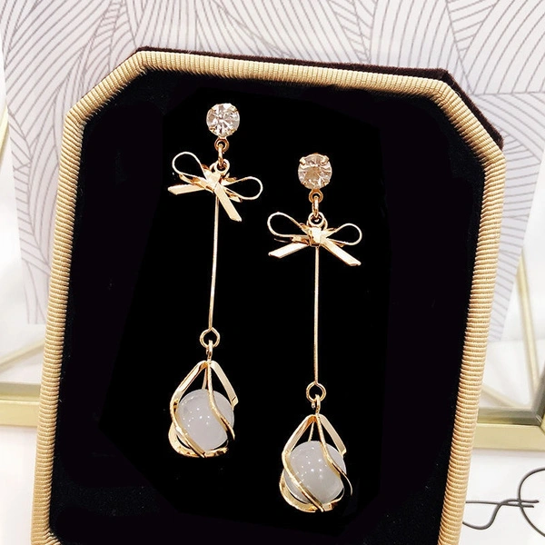 925 silver needle cat's eye earrings temperament slim bow earrings