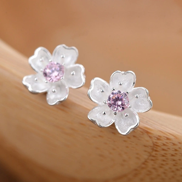 Fashion Jewelry 925 Sterling Silver Cherry Blossom Earrings Flower Stud Earrings for Women