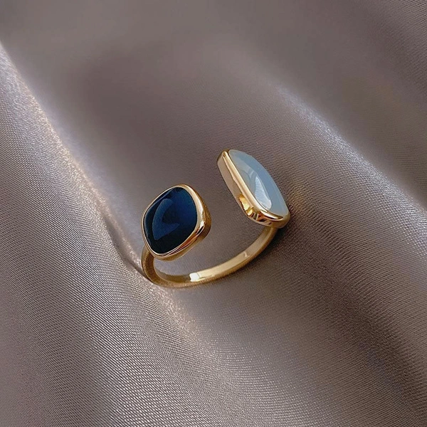 French New Retro Square Blue Oil Dripping Ring Fashion Temperament Simple Opening Ring Women's Jewelry