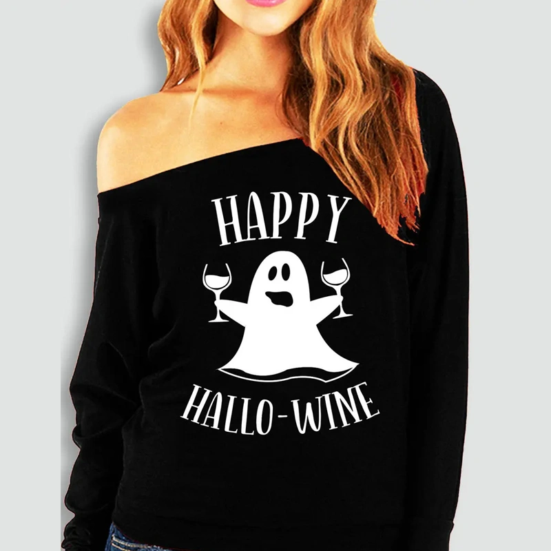Halloween Printed Off-the-shoulder Off-neck European And American T-shirt