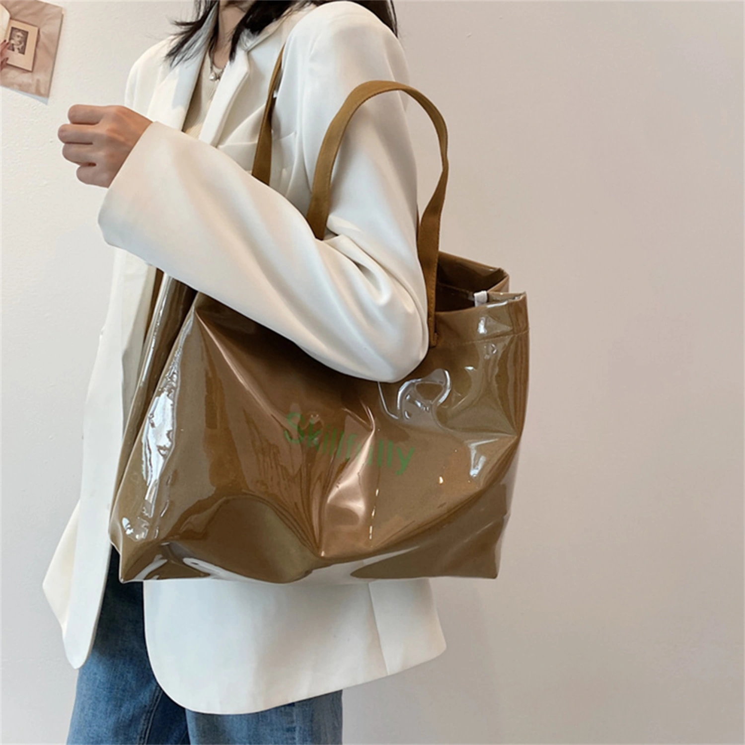 Women Letter Pattern Tote Bag Transparent Layer Shopper Canvas Bag