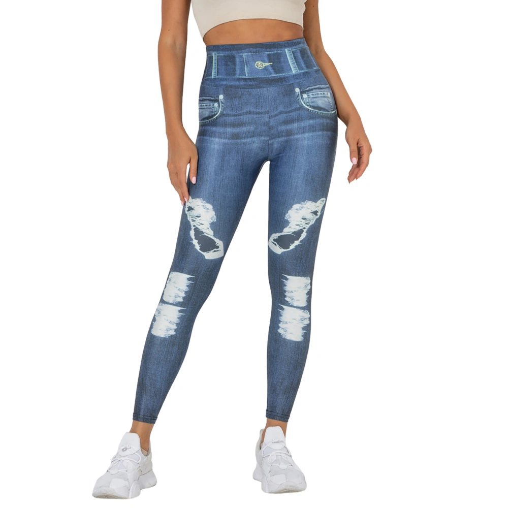 High Waisted Leggings for Women Imitation Denim Print Fake Jeans