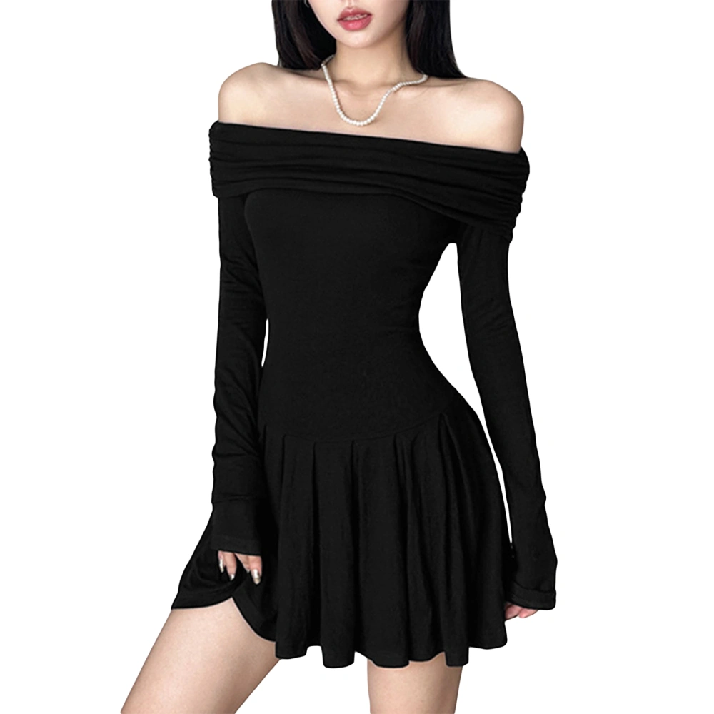 Women Black Long Sleeve Off Shoulder Pleated Hem Party Dress