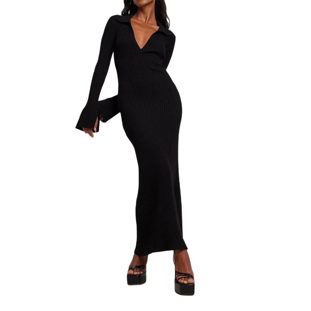 Women's Ribbed Knit Midi Dress Long Sleeve Lapel Collar Bodycon Dress