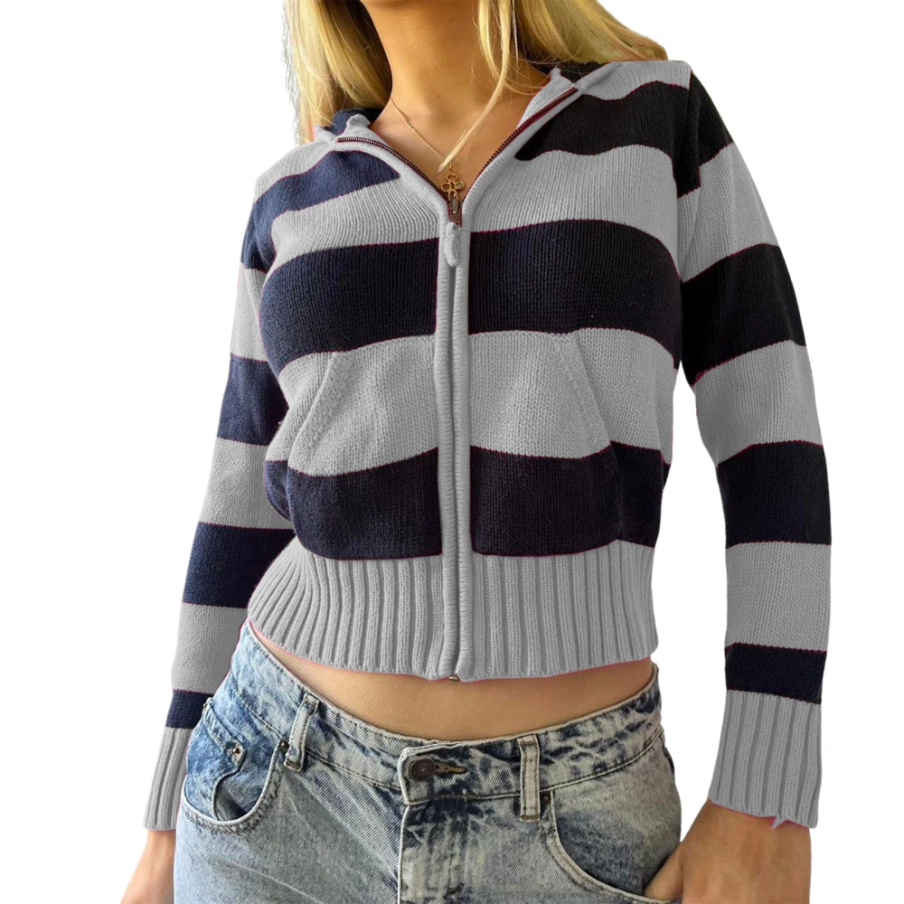 Women Fashion Stripe Cardigan Hoodies Hooded Zipper Knit Sweater