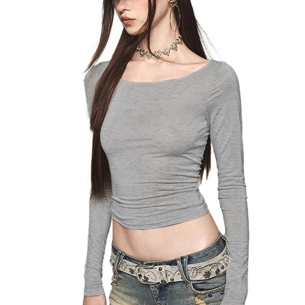 Women Long Sleeve Crop Tops Solid Color Round Neck Casual T-Shirts