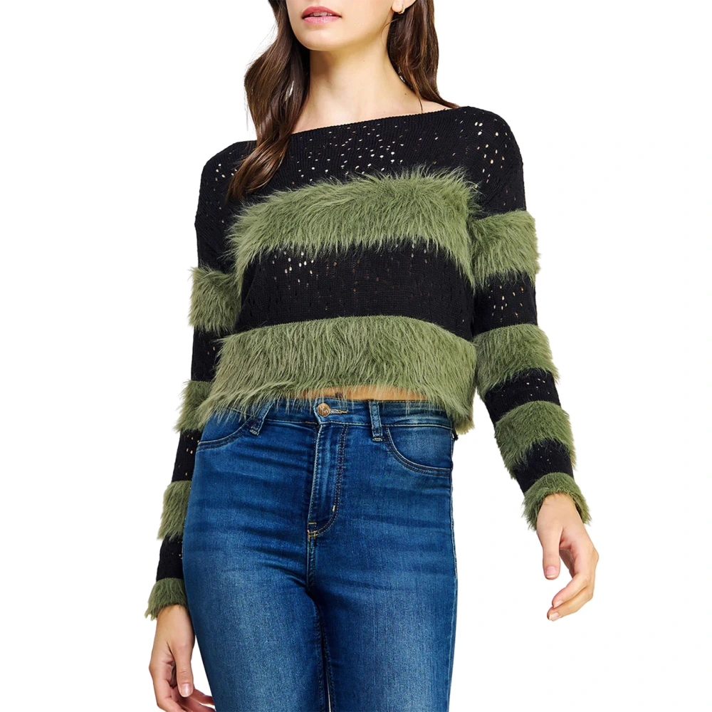 Women Knit Sweater Long Sleeve Hollowed Striped Pullover Crop Top