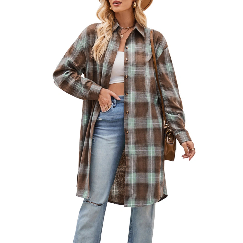 Women Plaid Shirt Casual Button Down Loose Fit Long Sleeve Tops 