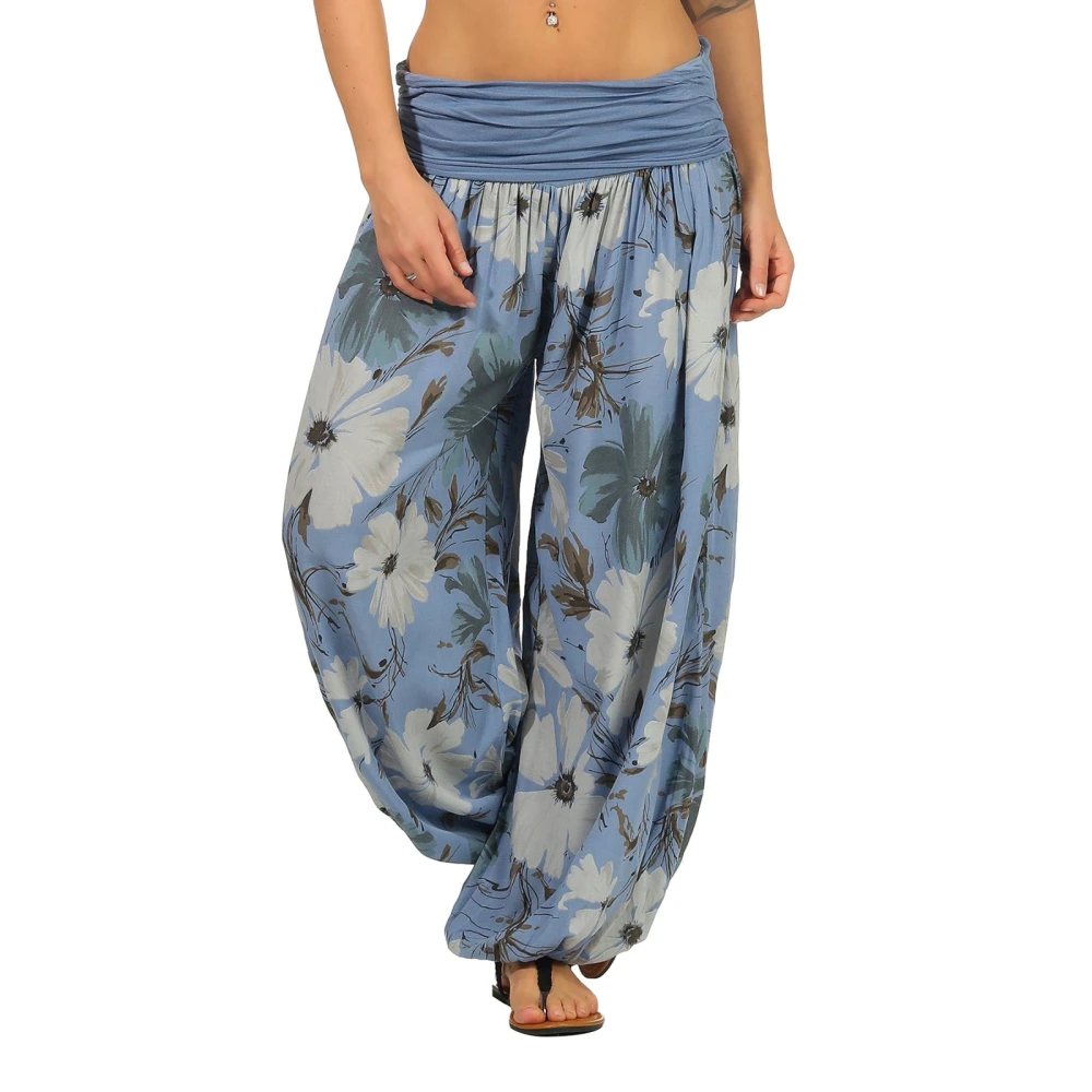 Women's Wide-Leg Lounge Pants Flower Print Ruched Waist Harem Pants