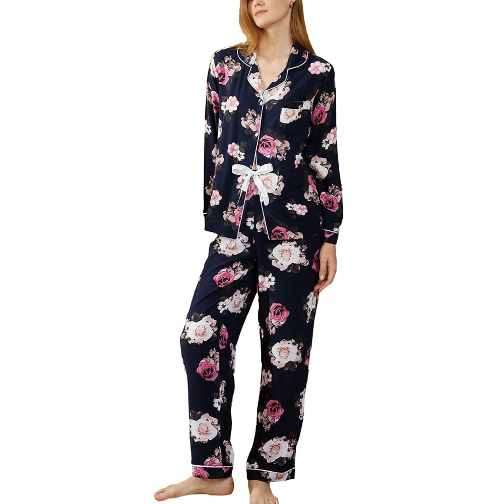 Women Satin Pajama Set Flower Print Long Sleeve Shirt and Loose Pants