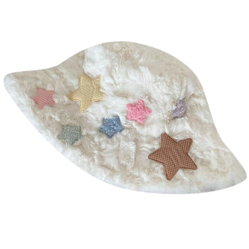 Women Faux Fur Bucket Hat Winter Hat Star Embroidery Fisherman Hat