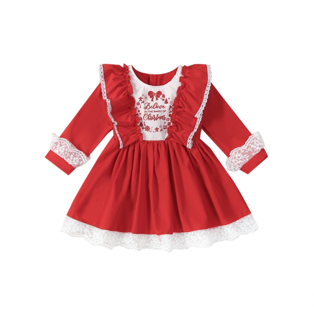 Girls Christmas Red Long Sleeve Ruffle Letter Print Lace Trim Dress 