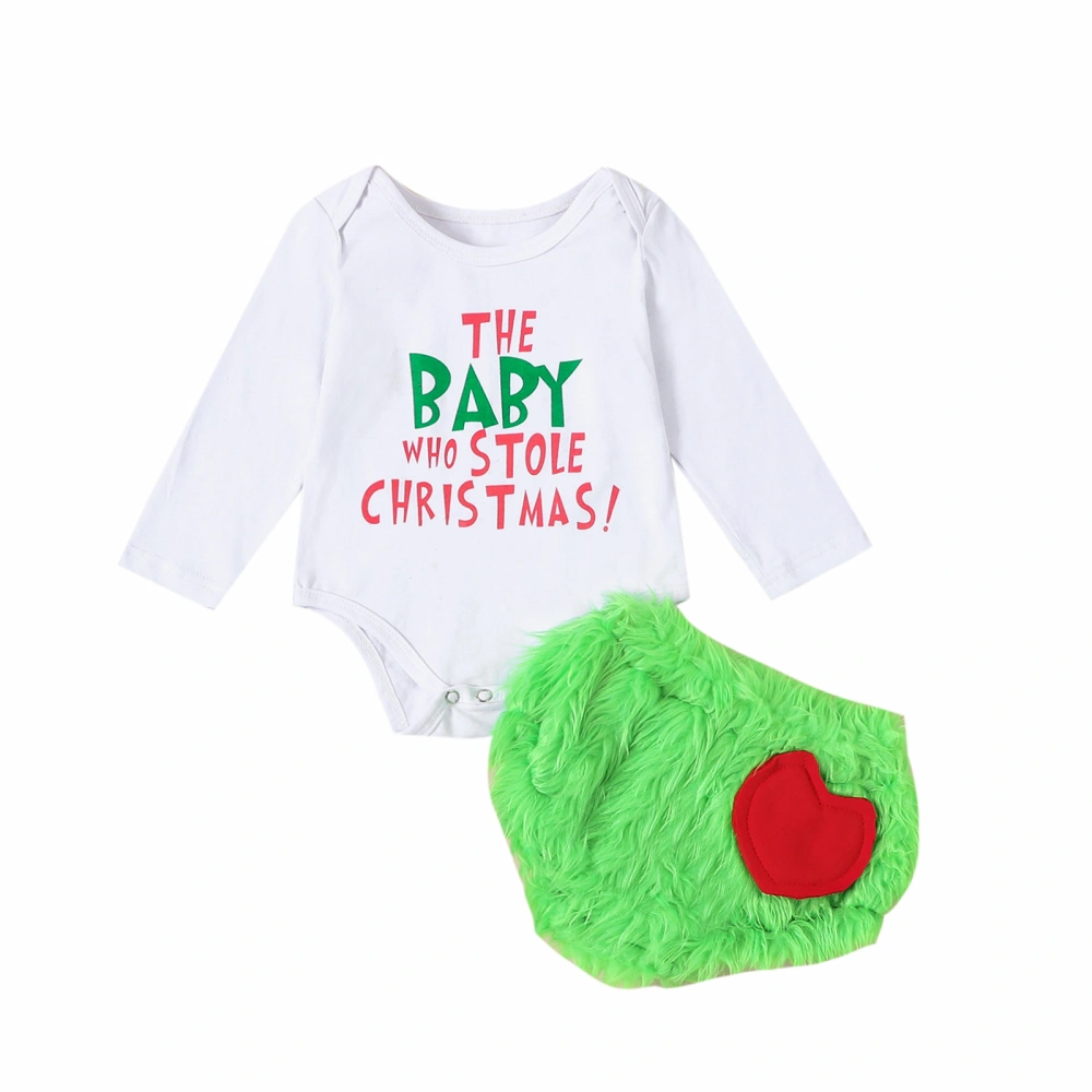 Baby Girls Long Sleeve Letter Print Romper Green Plush PP Shorts Sets