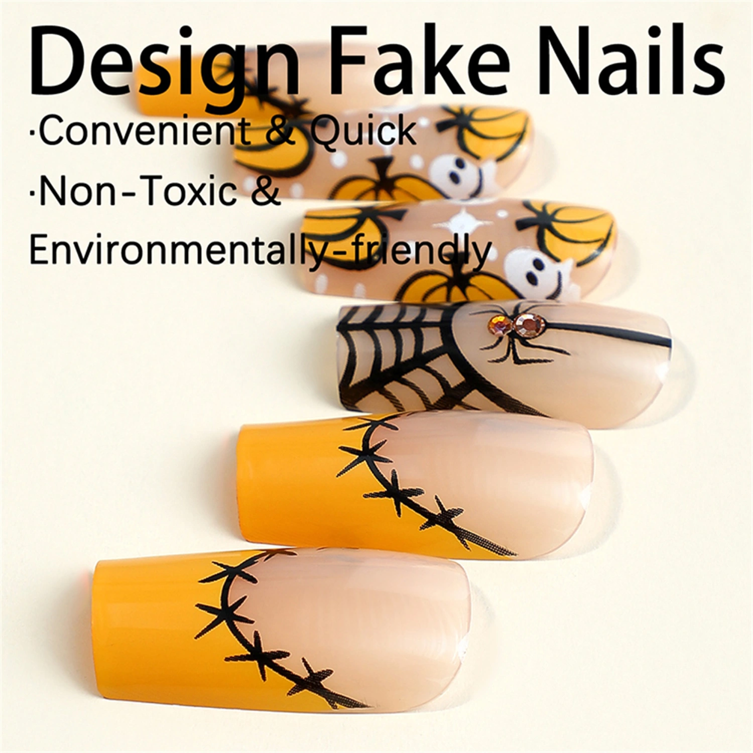Halloween Fake Nails, DIY Pumpkin Cobweb False Nail Tips Nail Art