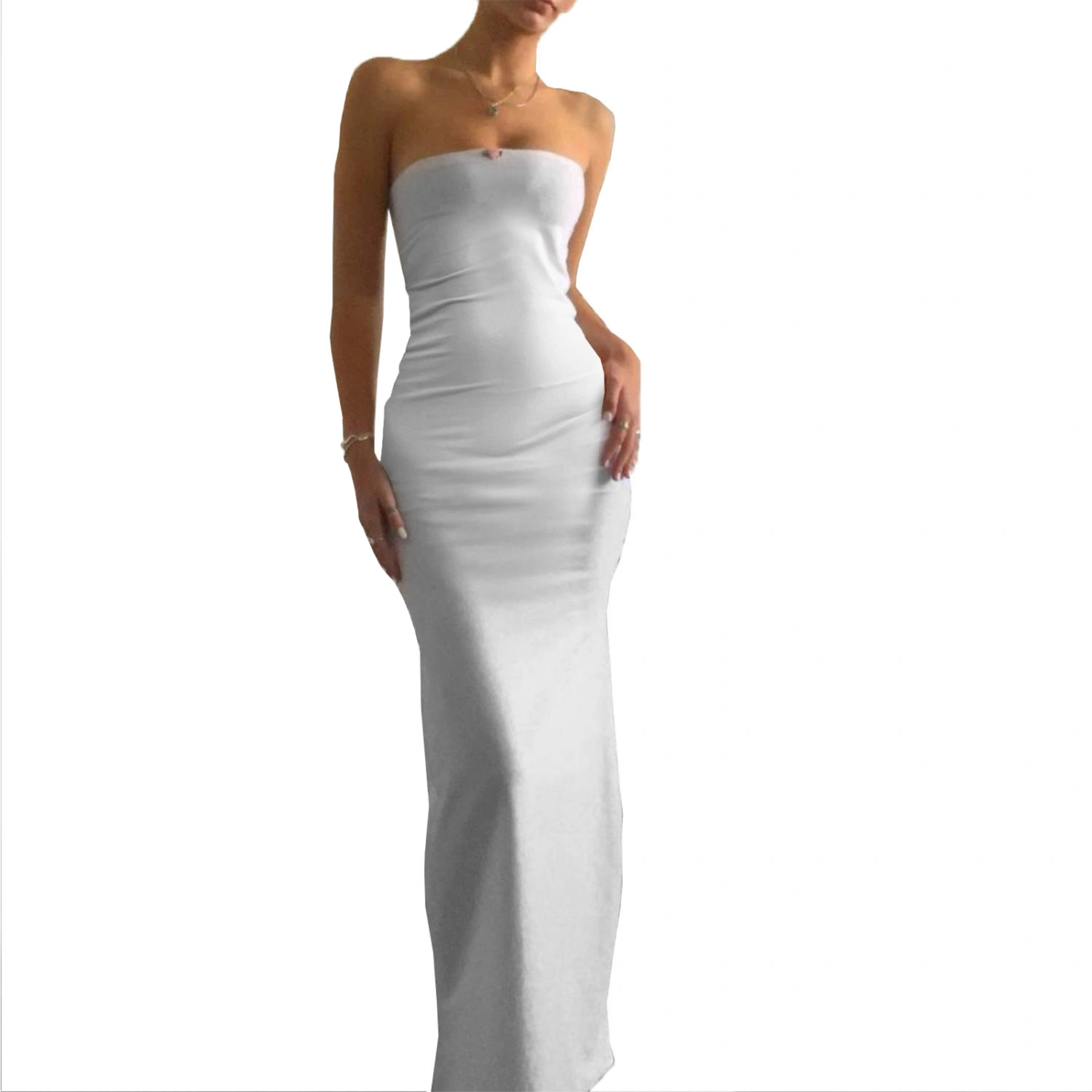 Women Long Bodycon Dress Solid Color Boat Neck Strapless Tube Dress