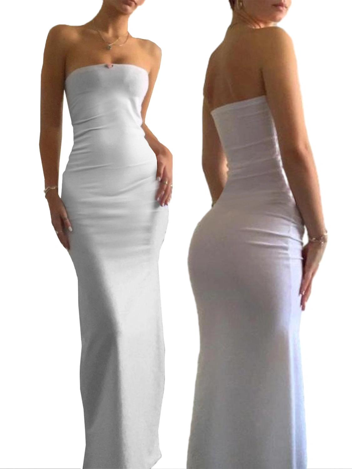 Women Long Bodycon Dress Solid Color Boat Neck Strapless Tube Dress