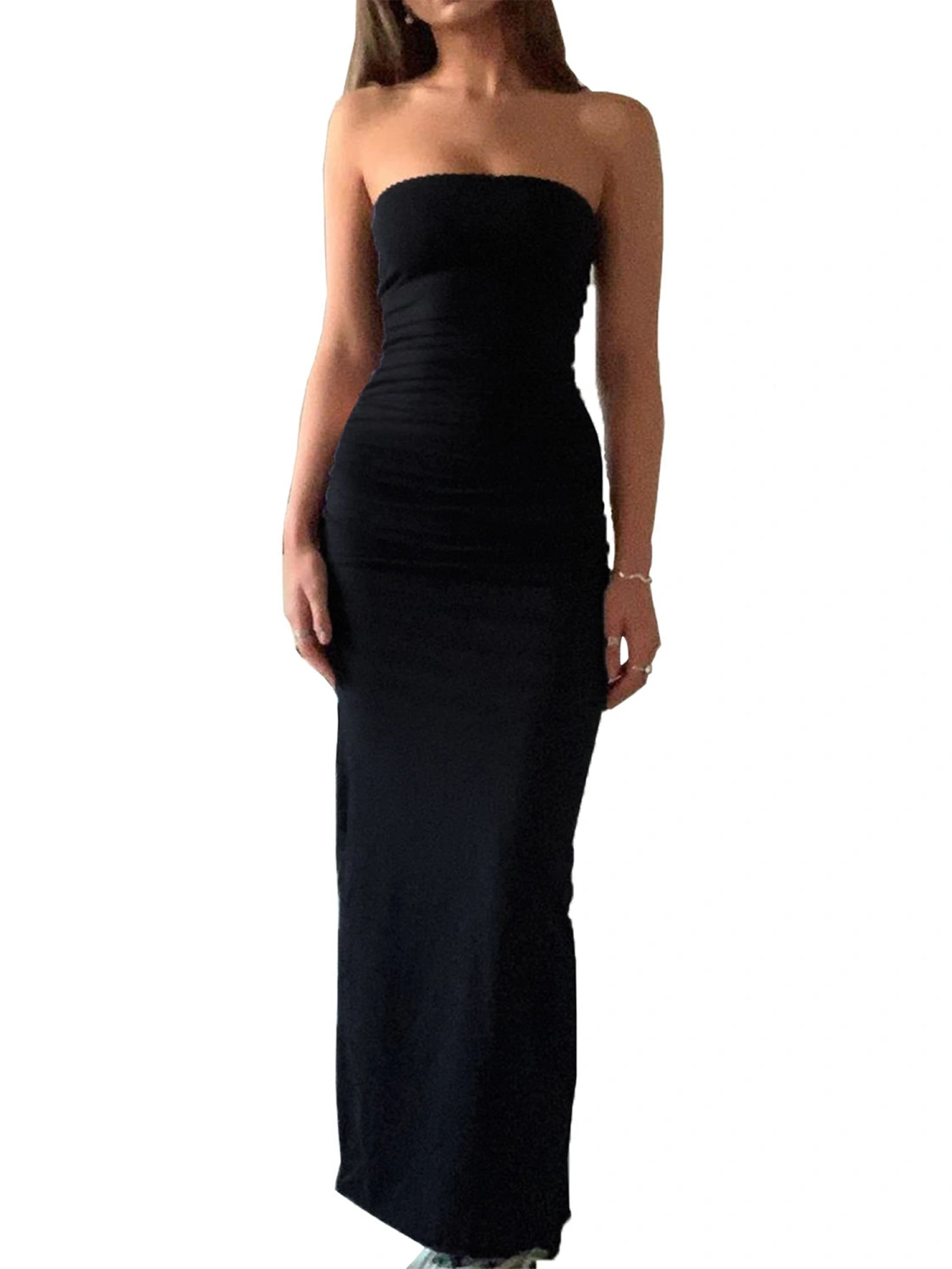 Women Long Bodycon Dress Solid Color Boat Neck Strapless Tube Dress