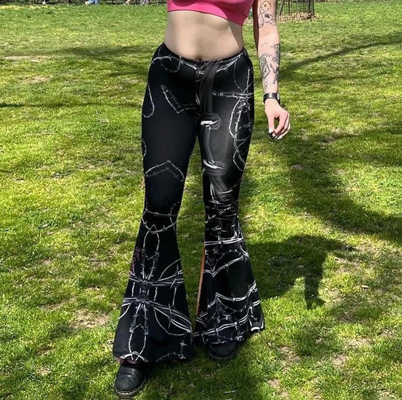 Women Flared Pants Casual Funny 3D Print Elastic Waist Bell Bottoms 