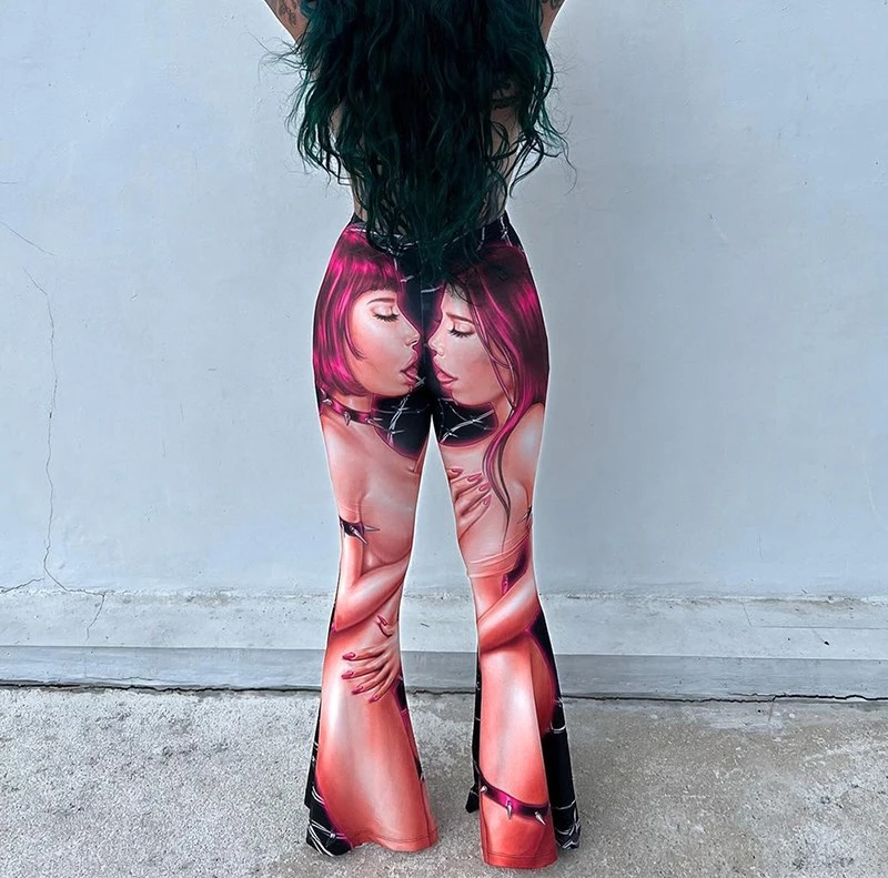 Women Flared Pants Casual Funny 3D Print Elastic Waist Bell Bottoms 