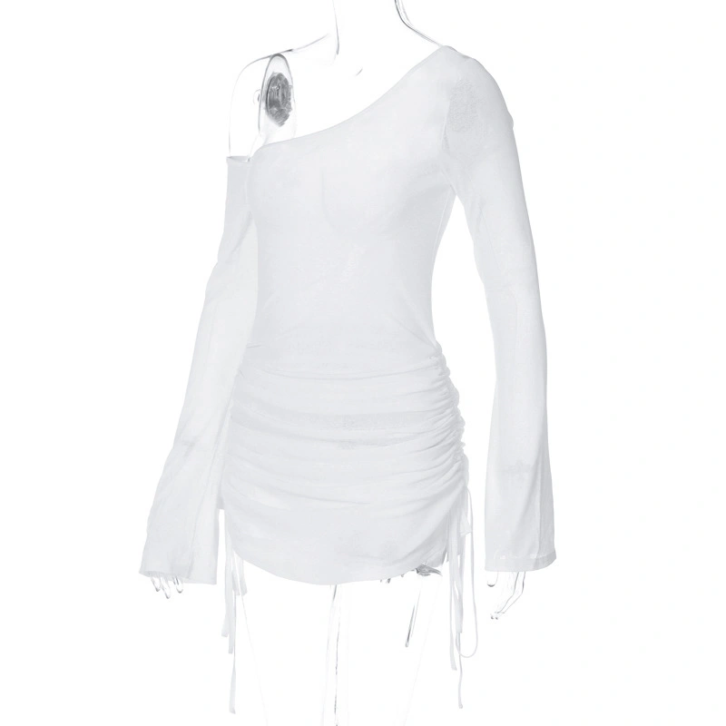 Women Off-Shoulder Dress Sheer Drawstring Ruched Party Mini Dress