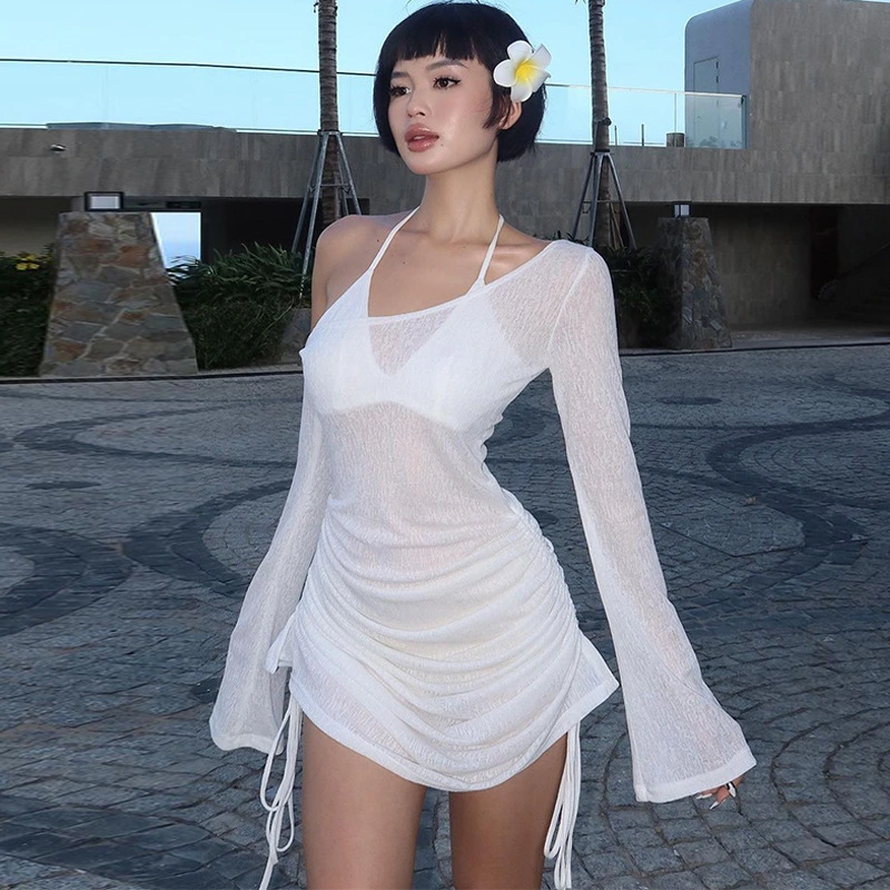 Women Off-Shoulder Dress Sheer Drawstring Ruched Party Mini Dress