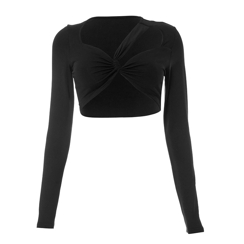 Women's Spring Summer Black Long Sleeve Irregular Front Knot T-shirt